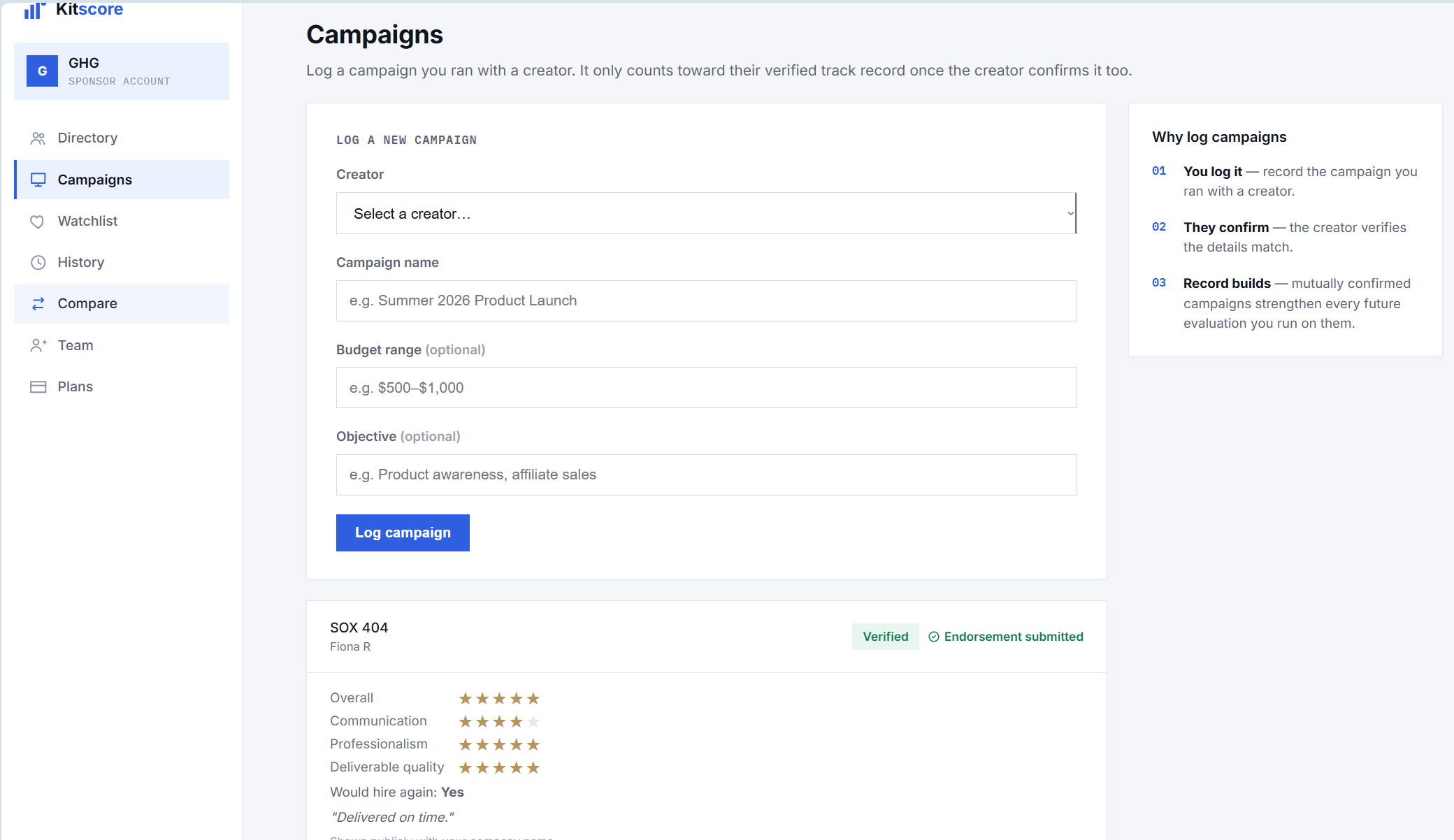 Kitscore sponsor logging and verifying a campaign
