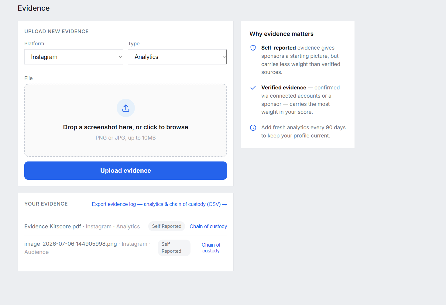 Kitscore creator evidence upload view