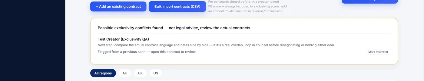 Kitscore exclusivity scan flagging a possible conflict between two contracts, with a next-step note to compare contract language and loop in counsel