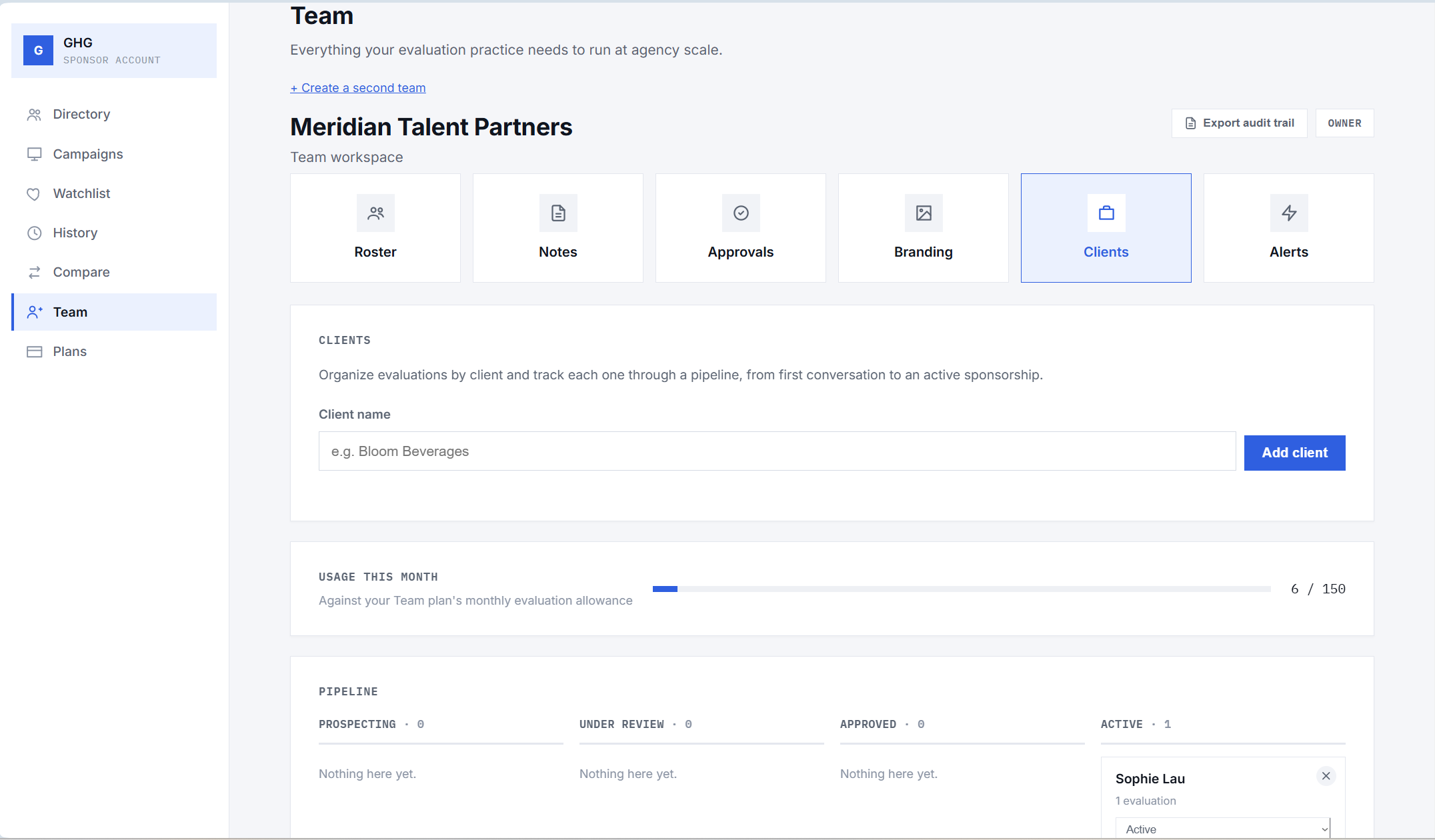 Kitscore Team workspace: client pipeline