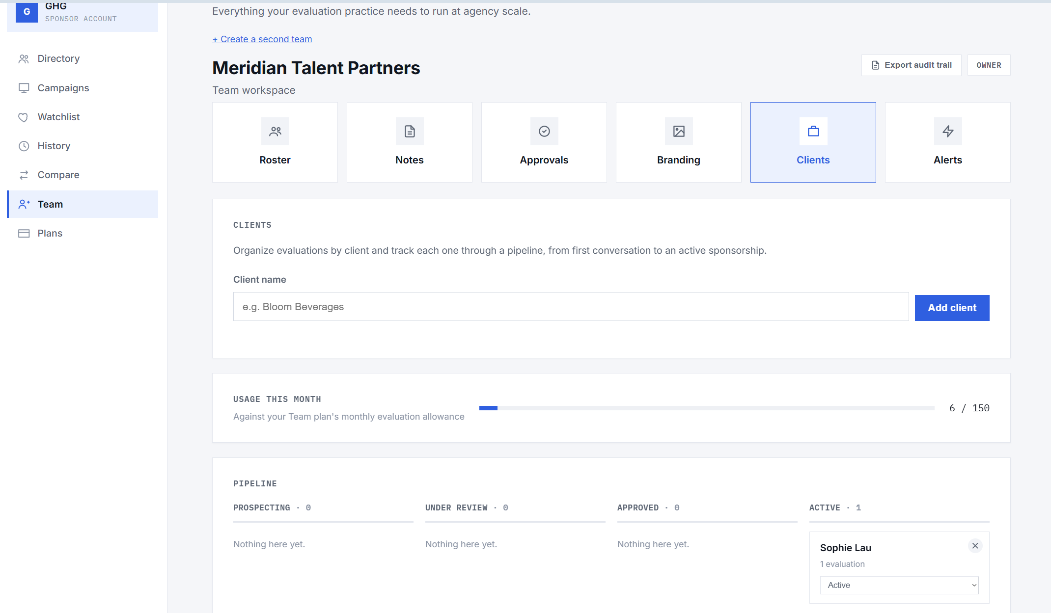 Kitscore Team workspace showing client pipeline, roster, notes, approvals, branding, and alerts